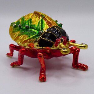 Winged Beetle Cicada Enamel Rhinestone Hinged Trinket Box